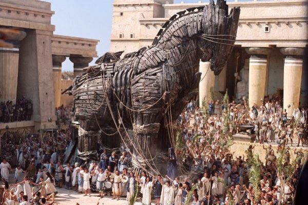 The Trojan Horse stands inside the city of Troy in Warner Bros. Pictures' epic action adventure "Troy," starring Brad Pitt, Eric Bana and Orlando Bloom. 
PHOTOGRAPHS TO BE USED SOLELY FOR ADVERTISING, PROMOTION, PUBLICITY OR REVIEWS OF THIS SPECIFIC MOTION PICTURE AND TO REMAIN THE PROPERTY OF THE STUDIO. NOT FOR SALE OR REDISTRIBUTION.